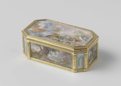 Snuifdoos van goud, rechthoekig met afgeschuinde hoeken, versierd met parkgezichten by Pierre-François Drais