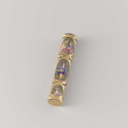 Etui van goud met zes geëmailleerde taferelen, respectievelijk met bloemen- en groenverkoopsters, kinderen en twee stillevens by Mathieu Coiny (III)