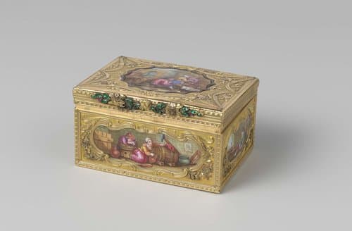 Snuifdoos van goud, rechthoekig, versierd met zes herbergscènes in émail