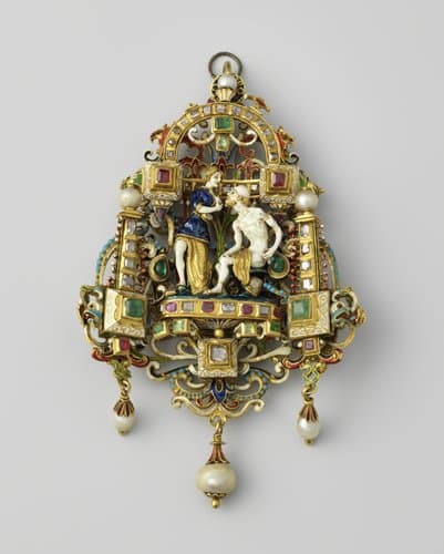 Hanger van goud, email, parels en edelstenen. In het midden Cimon en Pero, geheel geëmailleerd. by Unknown Artist