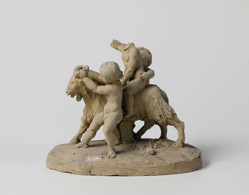 Drie kinderen spelend met een bok by Eugène Lacomblé