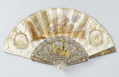Vouwwaaier met blad van papier waarop in gouache 'Het Oordeel van Paris', op een montuur van parelmoer ajour en in reliëf gesneden met 'métal en quatre couleur' by anonymous