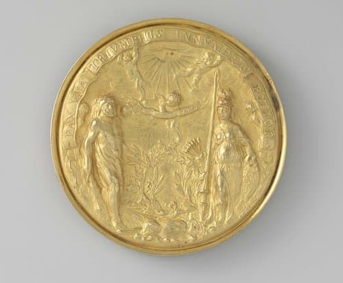 Twee penningen met de Vrede van Munster by Johannes Lutma (1584-1669)