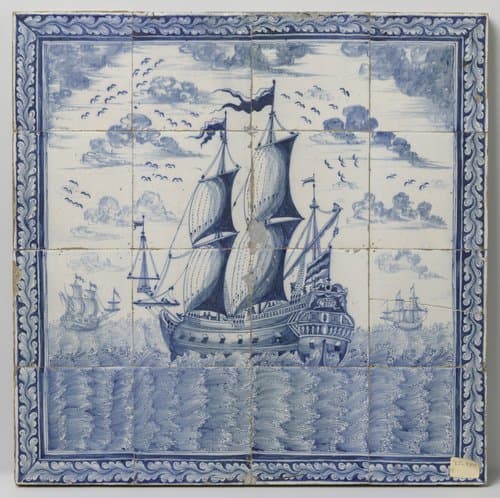 Tegeltableau met driemaster by anonymous