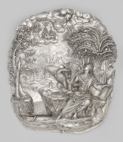 Wijwaterbak van gedreven zilver met voorstelling Johannes de Doper by Jan Baptista Buysens