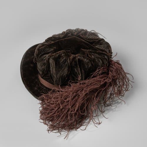 Hoed van bruin velours chiffon versierd met ruiten van fluwelen band opgevuld met struisveren by Peel Mars