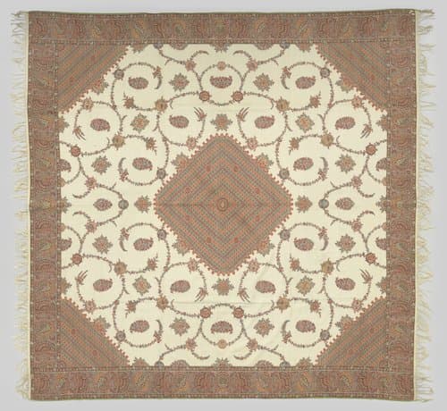 Vierkante kasjmiersjaal met witte spiegel, versierd met veelkleurig ruitvormig hartmotief, voluutvormige bloemslingers en bota's by anonymous