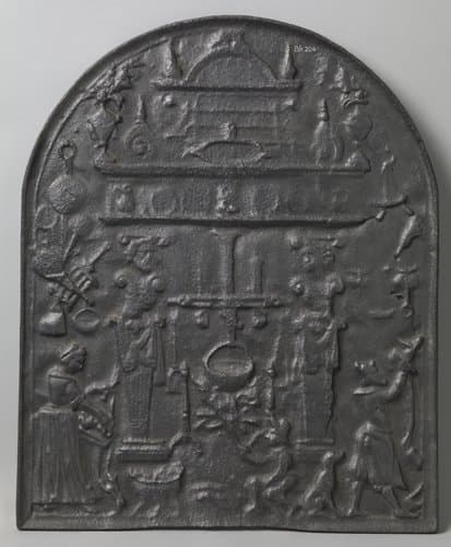 Haardplaat met een voorstelling van een keukeninterieur met enkele figuren by anonymous