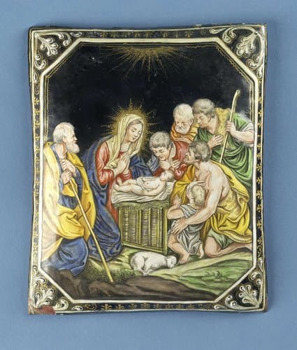 Plaquette van koper met émail met voorstelling van de Geboorte van Christus en de aanbidding door de herders. by Jean-Baptiste Nouailher (I)