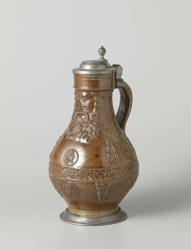 Jug (Bartmann jug) with portraits, leaves and an ornamental border by anonymous