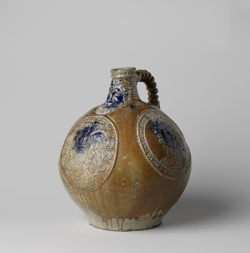 Jug (Bartmann jug) with coat of arms and portraits by anonymous