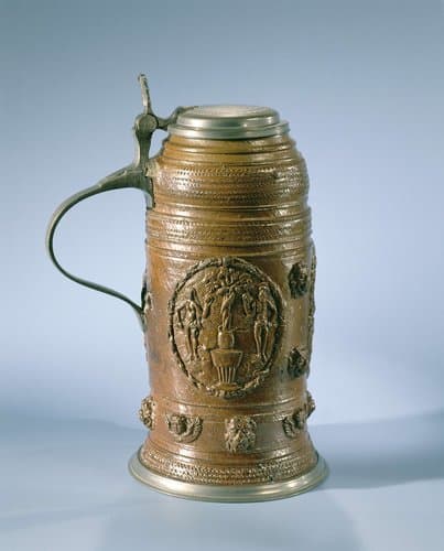Tankard with two coats of arms and the Downfall by anonymous