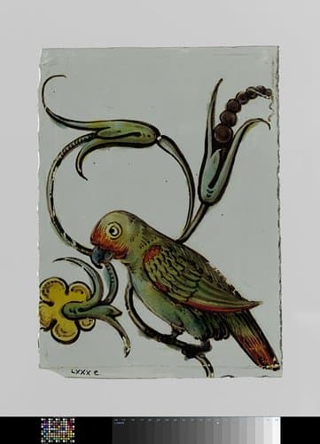 Ruit met een vogel met bloemenrank in de bek by anonymous