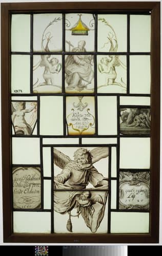 Ruit met een vrouw onder een baldakijn, drie cartouches met opschrift en een engel by anonymous