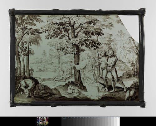 Ruit met Adam en Eva in het paradijs by Claes Abrahamsz. van Delft