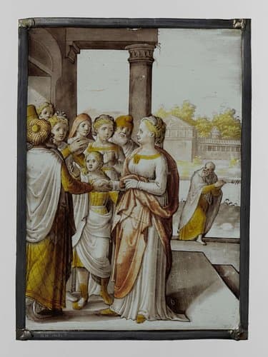 Ruit met een scène bij de ingang van een tempel by anonymous