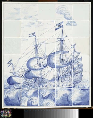 Tegeltableau met schip, met op de vlaggen VOC A by anonymous