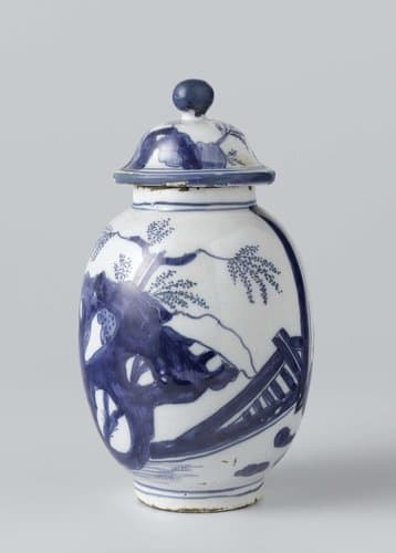 Dekselpot van blauw beschilderde faience met voorstelling van twee bordspelers en rotsen by anonymous