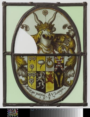 Wapenruit met wapen en devies "Vincit qui patitur A.V. Loozen 1587" by anonymous