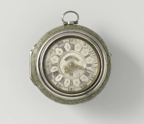 Zakhorloge met gedreven voorstelling van een walvisvaarder by Hermanus Huyslandt