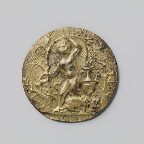Plaquette van verguld brons met allegorische voorstelling op de Laster by Andrea Briosco