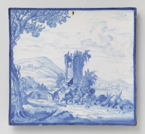 Plaque with a ruin and figures in a landscape by anonymous
