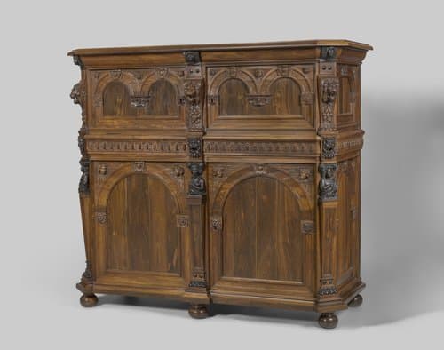 Zeeuwse kast, belijmd met verschillende houtsoorten, op gedraaide bolpoten en versierd met hermatlanten en -kariatyden, cherubs, cartouches en maskers by anonymous