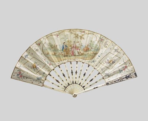 Vouwwaaier met een blad van papier (?) waarop in aquarel een cartouche met pastorale voorstelling by anonymous