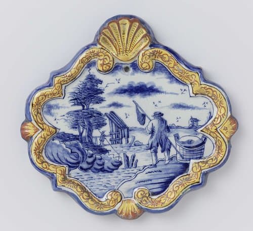 Ruitvormige plaat van faïence met vissers by anonymous