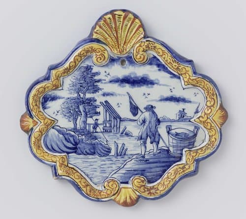Ruitvormige plaat van faïence met vissers by anonymous