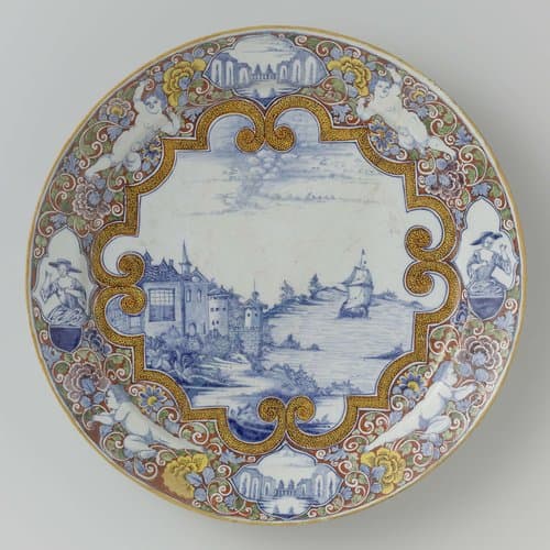 Schotel, op het plat een zeilend schip binnen een Louis XV rand by anonymous