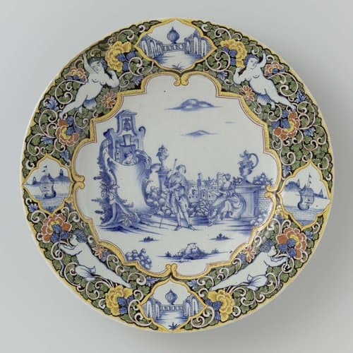 Schotel met op het plat in blauw een herdersscène by anonymous