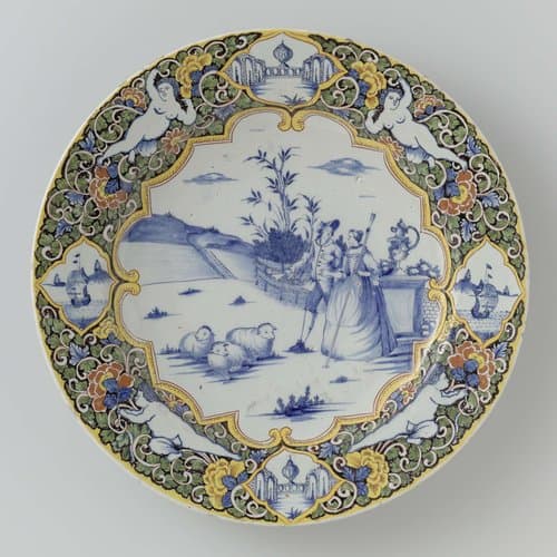 Schotel met op het plat in blauw een herdersscène binnen Louis XIV rand by anonymous