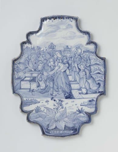 Plaat met voorstelling van Eliezer en Rebecca, Genesis 24 by anonymous
