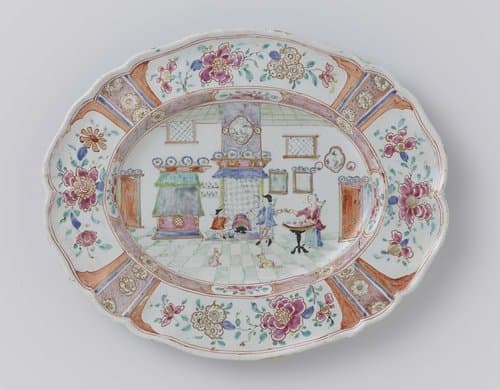 Ovale schotel met interieurscène by anonymous