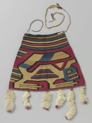 Tas of zak waaraan zes witte wollen kwasten hangen met rode punten. by anonymous