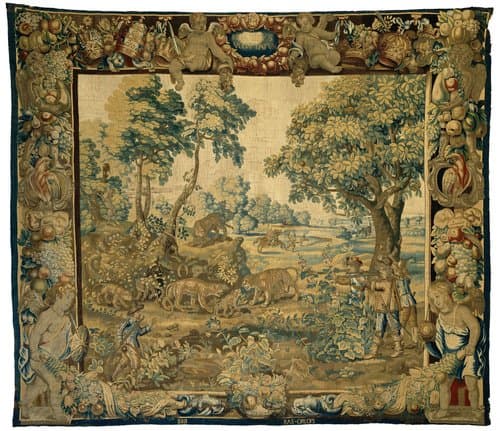 Landschapsverdure met tijger, panters en jachtscènes by Erasmus Oorlofs