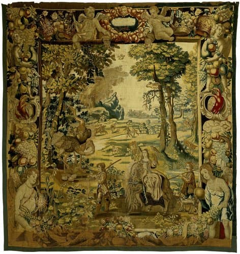 Landschapsverdure met struisvogels en jachtscènes by Erasmus Oorlofs