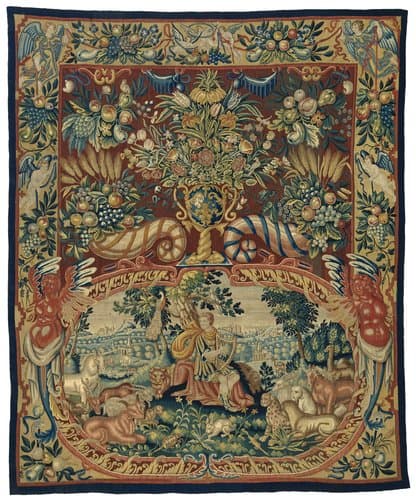 Orpheus met de dieren, in een cartouche en een decor met bloemenvaas en hoornen des overvloeds by anonymous