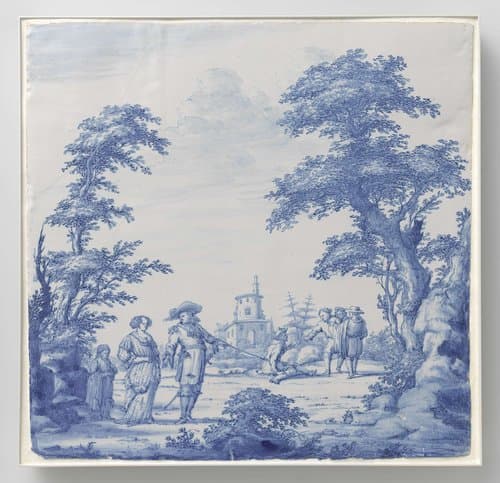 Plaat beschilderd met landschap met figuren by anonymous
