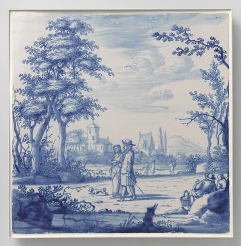 Plaat beschilderd met landschap met figuren by anonymous
