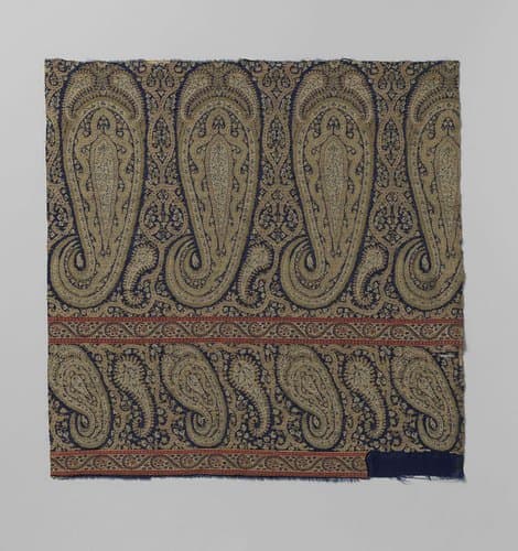 Fragment van wol van een kasjmier sjaal met patroon van palmvormen op blauw fond by anonymous
