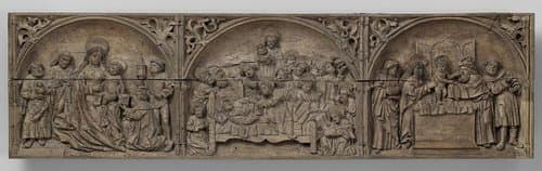Predella met de aanbidding der koningen, het sterfbed van Maria en de opdracht in de tempel by anonymous