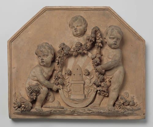 Drie naakte kinderen, die het wapenembleem van de maatschappij Felix Meritis houden by Unknown Artist