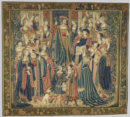 Hofscène met een vorst op de troon, omringd door hovelingen by anonymous