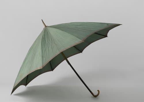 Paraplu en tevens parasol met dek van effen blauwgroene zijde met een rode rand by anonymous