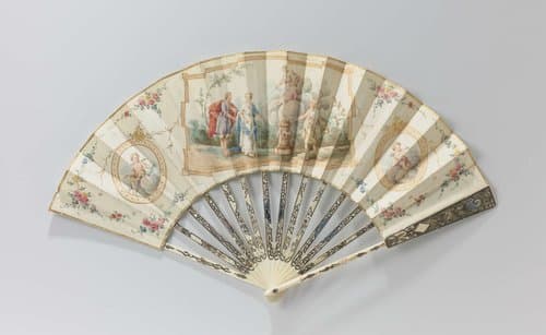 Vouwwaaier met blad van papier waarop met aquarel een huwelijksvoorstelling is geschilderd, op een montuur van gesneden ivoor met métal en quatre couleurs en geschilderde medaillons by anonymous