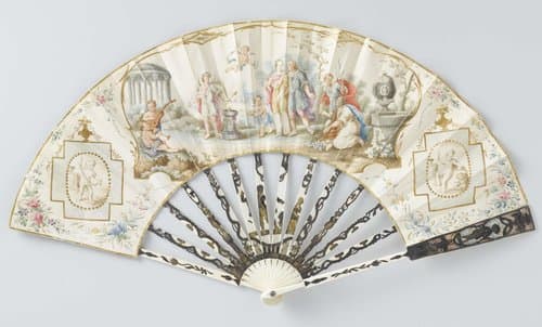 Vouwwaaier met blad van dun leer waarop in aquarel een huwelijksscène by anonymous