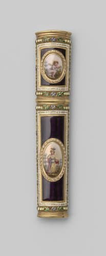 Naaldenkoker van goud met ovale medaillons met figuurtjes by anonymous