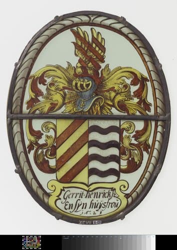 Ruit met als helmteken vleugels en zwaarden en onderschrift "Gerrit Henricksz en Sijn huijsfrou 1621" by anonymous